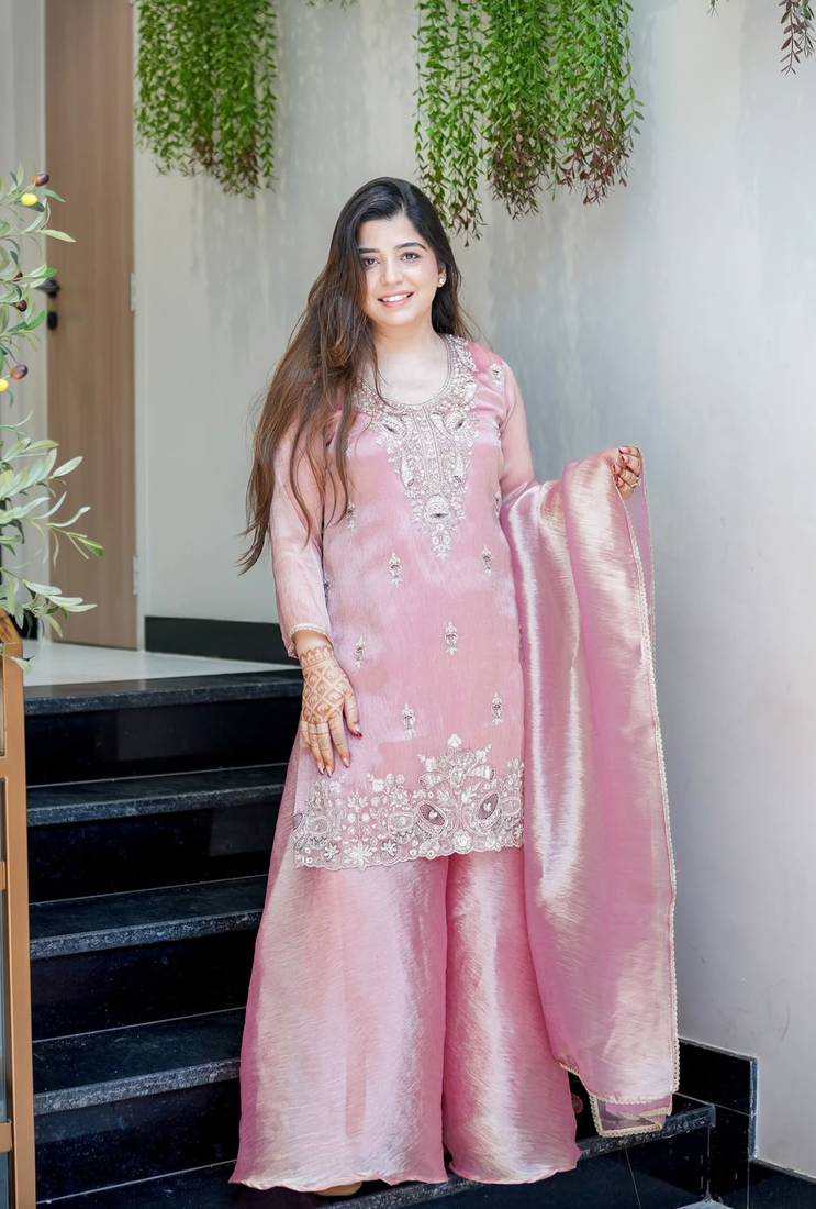 Pink pure gmy silk blend embroidered kurta set with bottom & dupatta