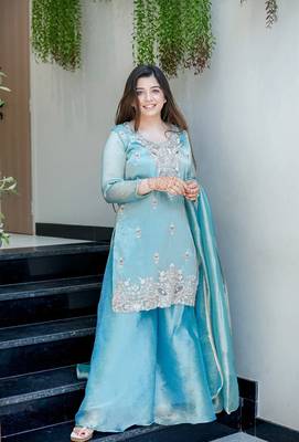 Sky blue pure gmy silk blend embroidered kurta set with bottom & dupatta 1