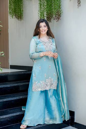 Sky blue pure gmy silk blend embroidered kurta set with bottom & dupatta