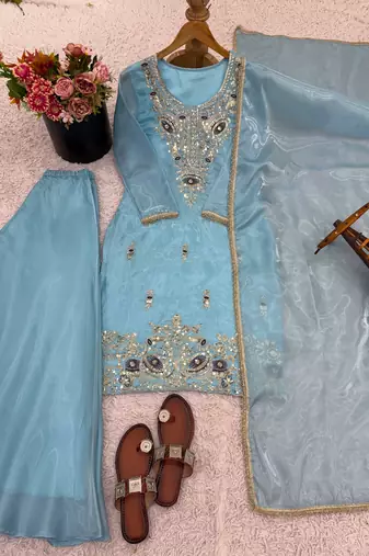 Sky blue pure gmy silk blend embroidered kurta set with bottom & dupatta