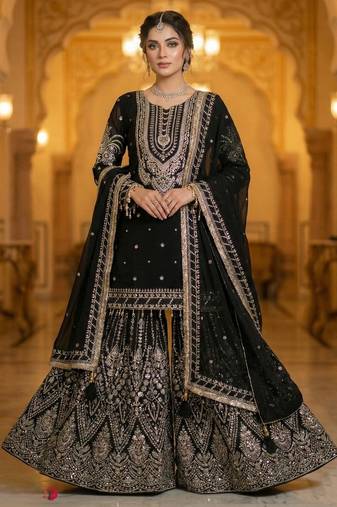 Black georgette sequin embroidered kurta palazzo set with dupatta