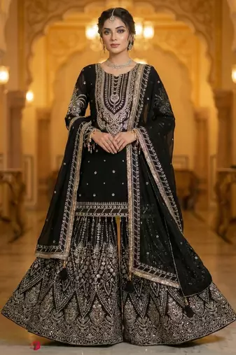 Black georgette sequin embroidered kurta palazzo set with dupatta