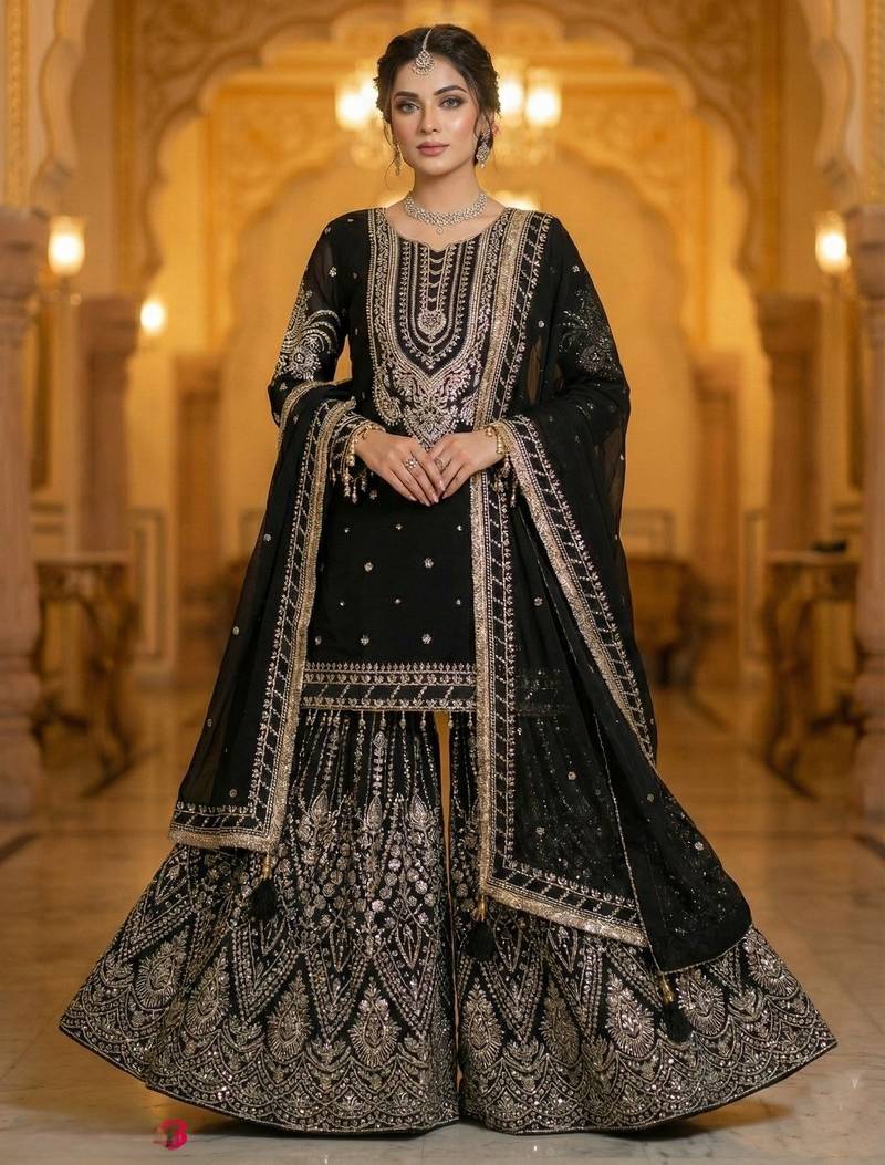 Black georgette sequin embroidered kurta palazzo set with dupatta