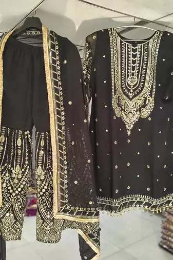 Black georgette sequin embroidered kurta palazzo set with dupatta