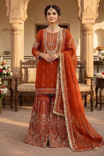 Orange georgette sequin embroidered kurta palazzo set with dupatta