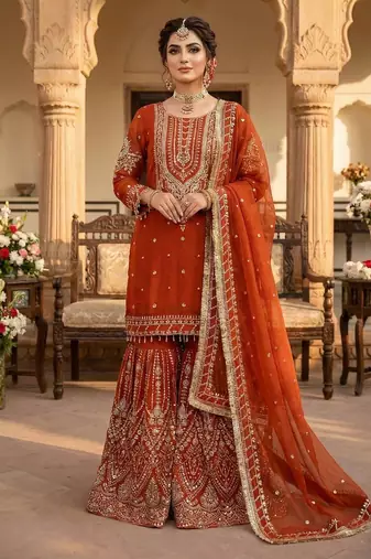 Orange georgette sequin embroidered kurta palazzo set with dupatta
