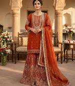 Orange georgette sequin embroidered kurta palazzo set with dupatta