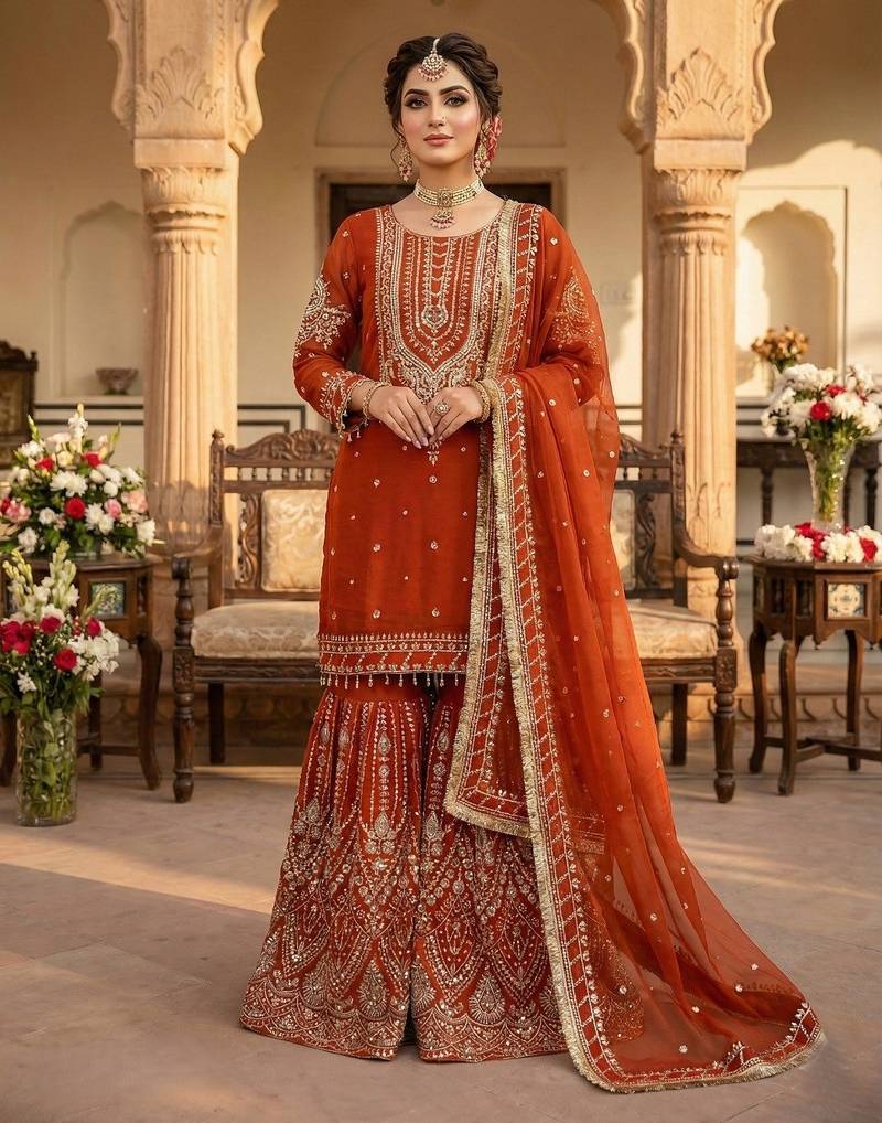 Orange georgette sequin embroidered kurta palazzo set with dupatta
