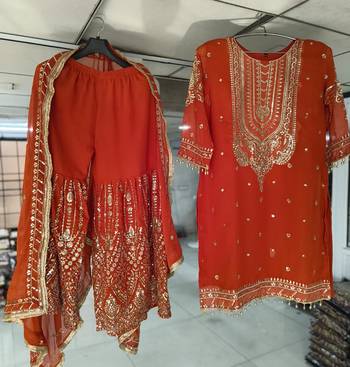 Orange georgette sequin embroidered kurta palazzo set with dupatta 2