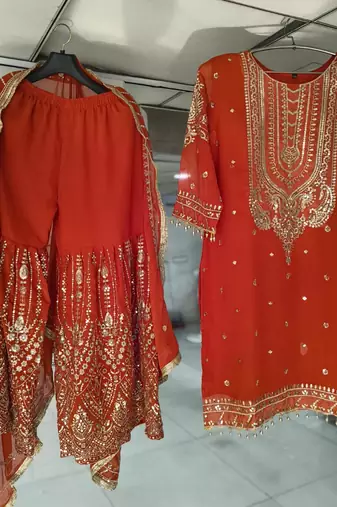 Orange georgette sequin embroidered kurta palazzo set with dupatta