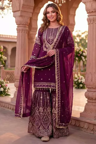 Purple georgette sequin embroidered kurta palazzo set with dupatta