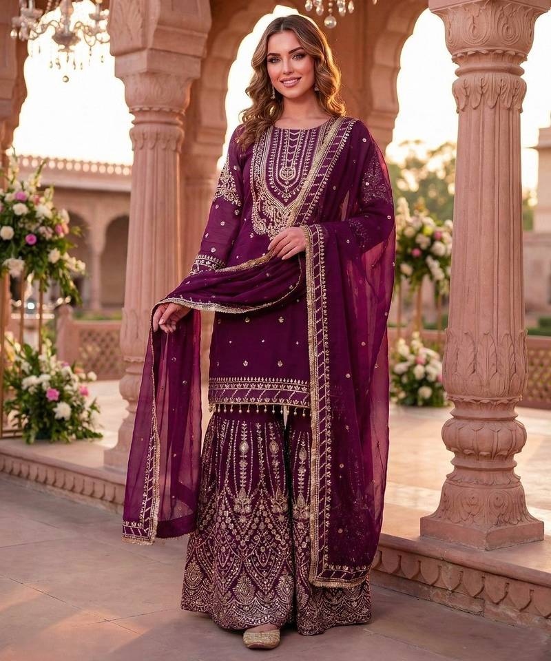 Purple georgette sequin embroidered kurta palazzo set with dupatta
