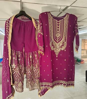 Purple georgette sequin embroidered kurta palazzo set with dupatta 2