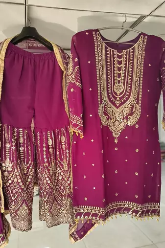Purple georgette sequin embroidered kurta palazzo set with dupatta