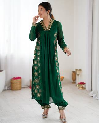 Green pure georgette floral embroidered kurta with afghani bottom set 1