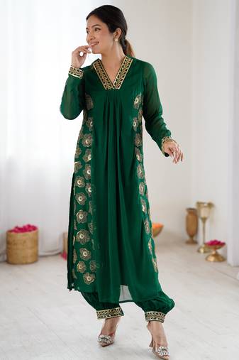Green pure georgette floral embroidered kurta with afghani bottom set