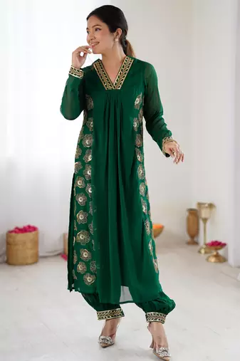 Green pure georgette floral embroidered kurta with afghani bottom set