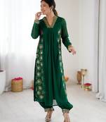 Green pure georgette floral embroidered kurta with afghani bottom set