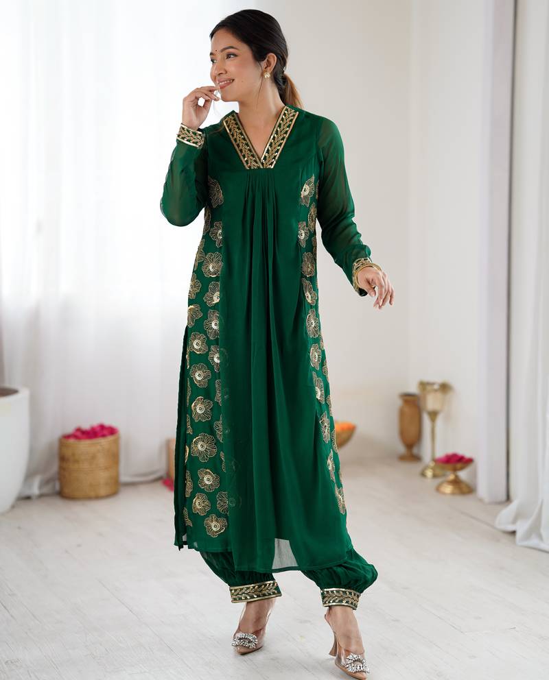 Green pure georgette floral embroidered kurta with afghani bottom set