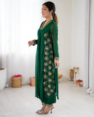 Green pure georgette floral embroidered kurta with afghani bottom set 3