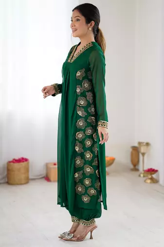 Green pure georgette floral embroidered kurta with afghani bottom set