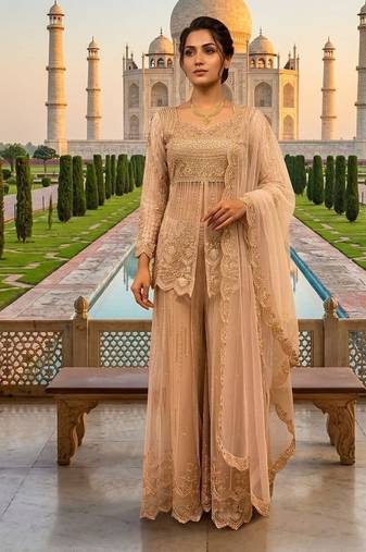 Cream butterfly net embroidered top palazzo set with dupatta