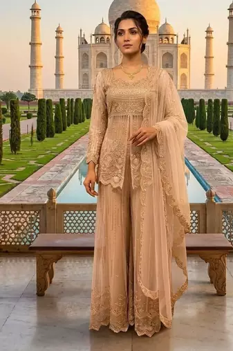 Cream butterfly net embroidered top palazzo set with dupatta