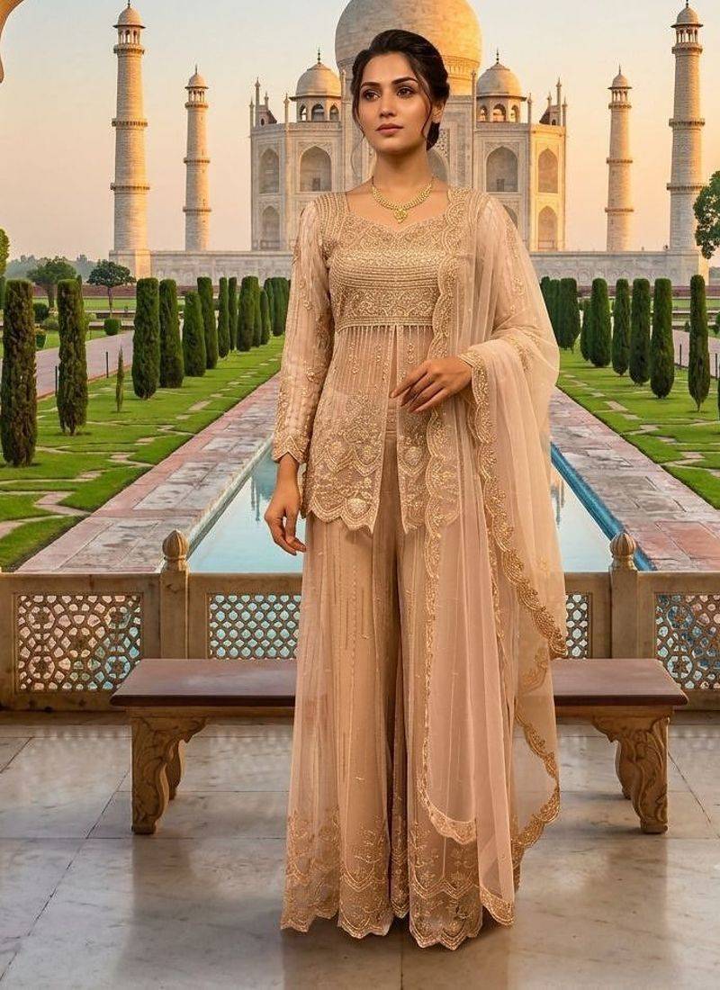 Cream butterfly net embroidered top palazzo set with dupatta