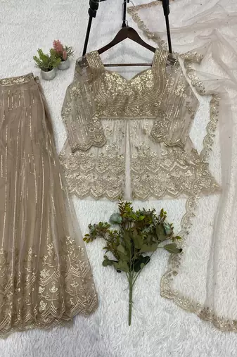 Cream butterfly net embroidered top palazzo set with dupatta