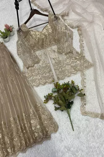 Cream butterfly net embroidered top palazzo set with dupatta