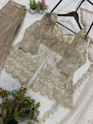 Cream butterfly net embroidered top palazzo set with dupatta 4