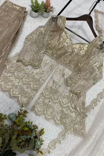 Cream butterfly net embroidered top palazzo set with dupatta
