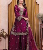 Wine fandy art silk party wear embroidery sharara suit set