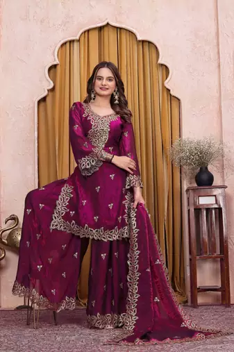 Wine fandy art silk party wear embroidery sharara suit set