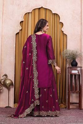 Wine fandy art silk party wear embroidery sharara suit set 5