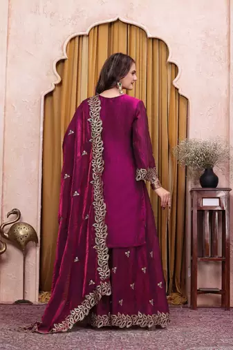 Wine fandy art silk party wear embroidery sharara suit set