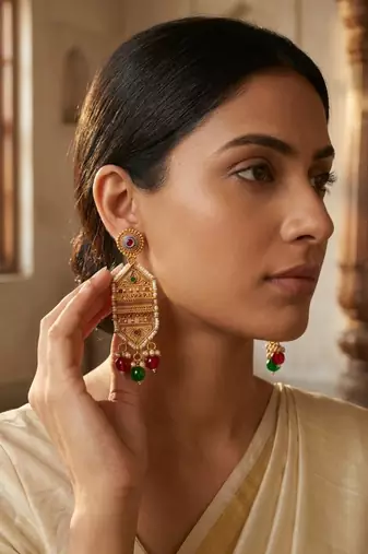 Traditional antique gold-plated chandelier drop earrings with pearls, red & green beads