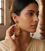 Traditional antique gold-plated chandelier drop earrings with pearls, red & green beads