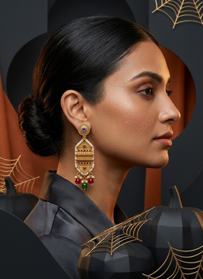 Traditional antique gold-plated chandelier drop earrings with pearls, red & green beads 2