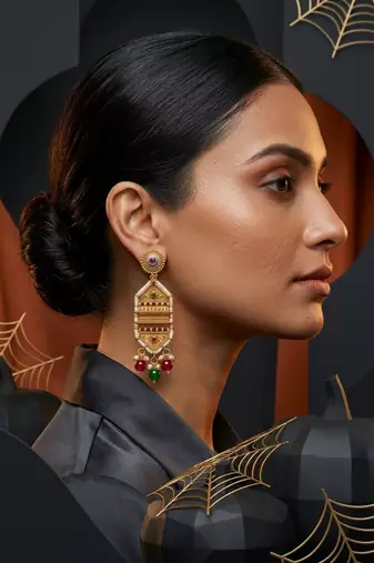 Traditional antique gold-plated chandelier drop earrings with pearls, red & green beads