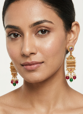 Traditional antique gold-plated chandelier drop earrings with pearls, red & green beads 3