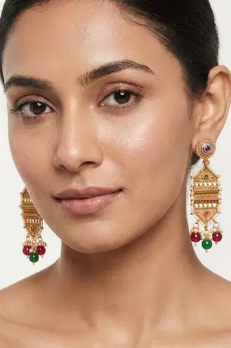 Traditional antique gold-plated chandelier drop earrings with pearls, red & green beads