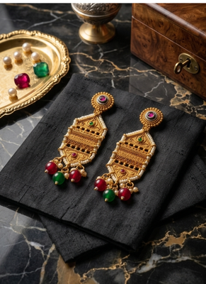 Traditional antique gold-plated chandelier drop earrings with pearls, red & green beads 4