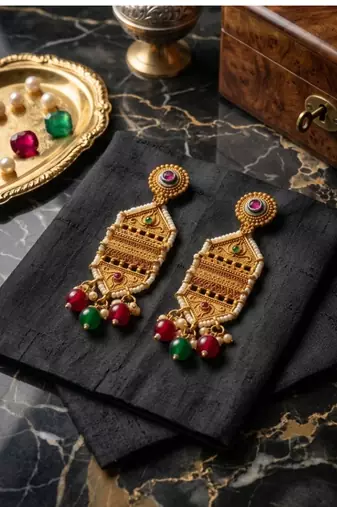Traditional antique gold-plated chandelier drop earrings with pearls, red & green beads