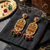 Traditional antique gold-plated chandelier drop earrings with pearls, red & green beads