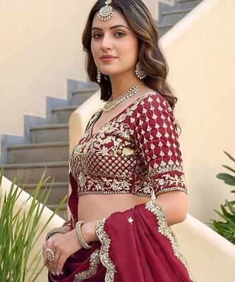 Mesmerizing Rich Maroon Dori, Zari, and Sequins Embroidered Rangoli Silk Indian Ethnic lehenga 3