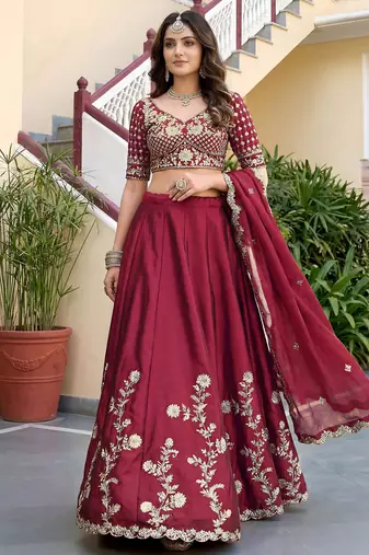 Mesmerizing Rich Maroon Dori, Zari, and Sequins Embroidered Rangoli Silk Indian Ethnic lehenga