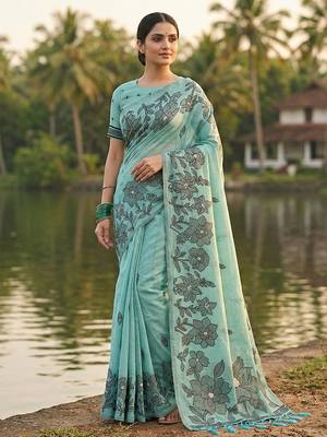 Sky blue floral printed linen blend saree with matching blouse piece 1