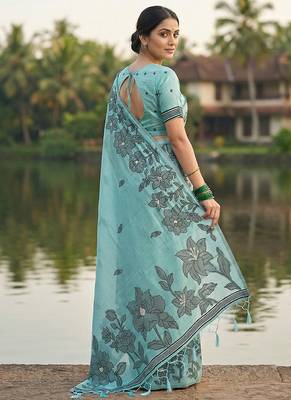 Sky blue floral printed linen blend saree with matching blouse piece 2