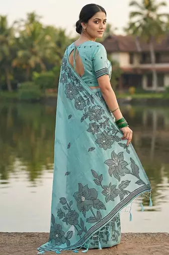Sky blue floral printed linen blend saree with matching blouse piece